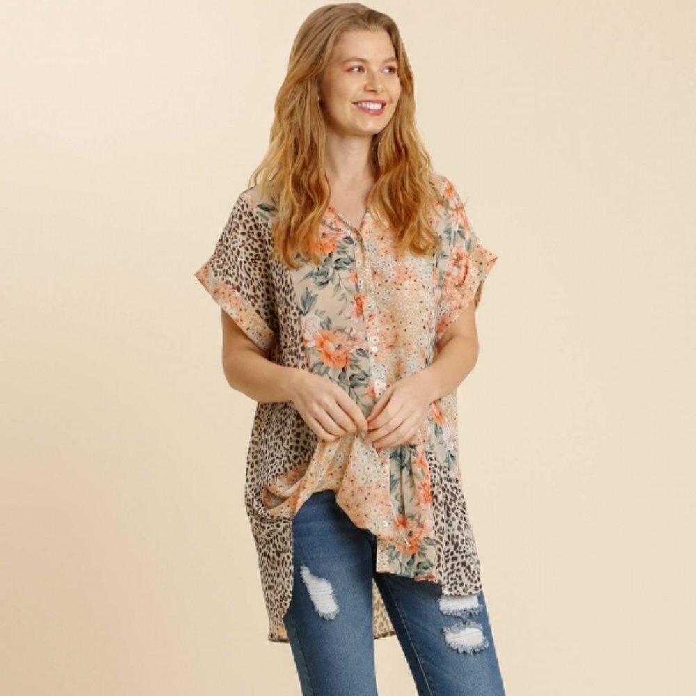 Umgee Floral & Leopard Sheer Tunic Top Button Down Ruffled Size Large Boho